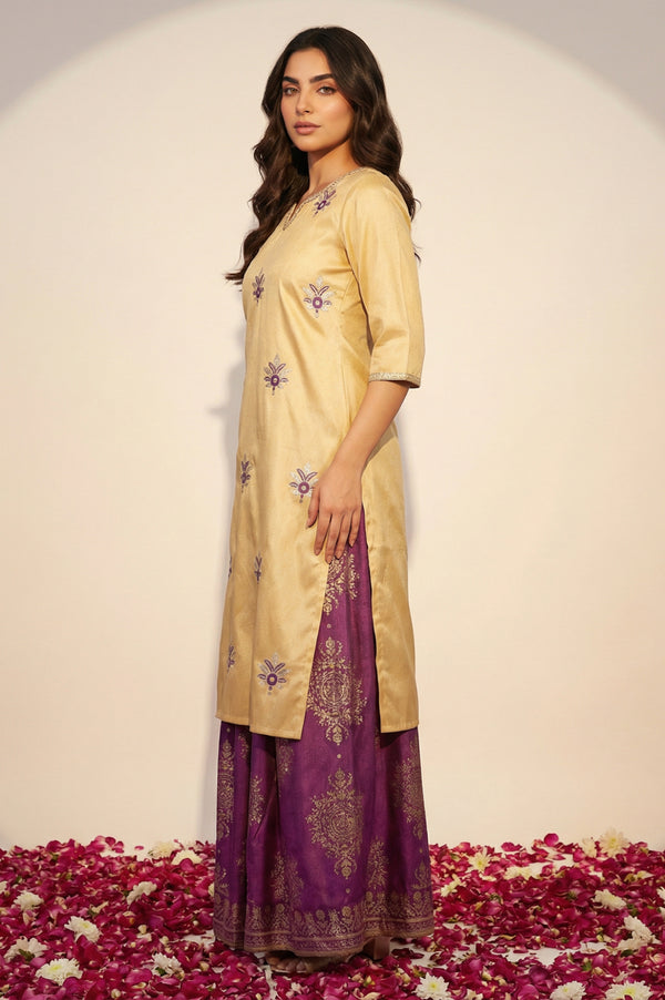 Beige Embroidered Zari Work Straight Kurta with Skirt and Dupatta Set