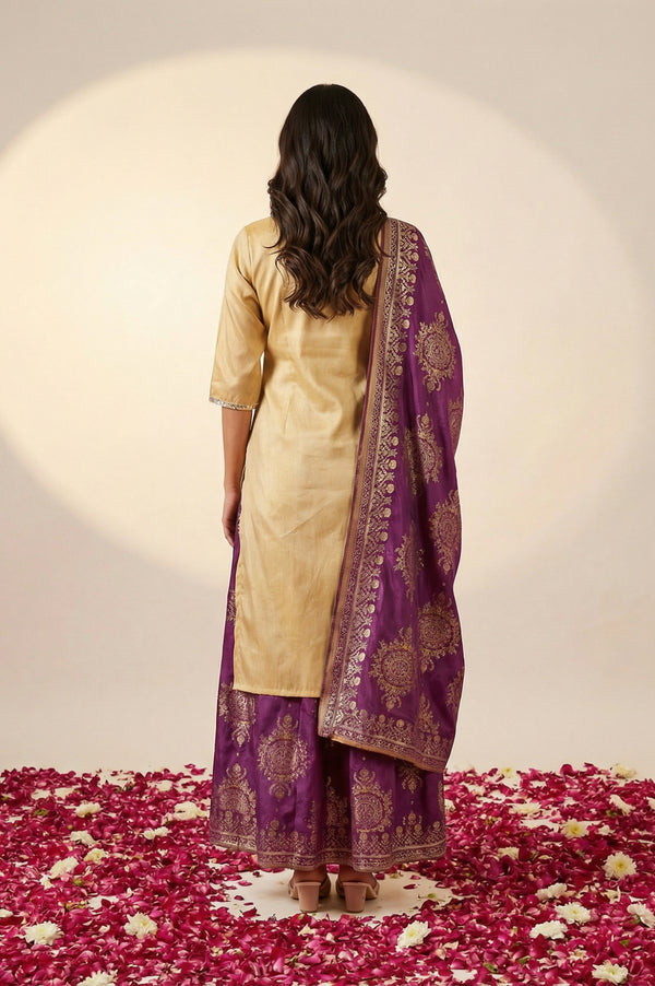 Beige Embroidered Zari Work Straight Kurta with Skirt and Dupatta Set