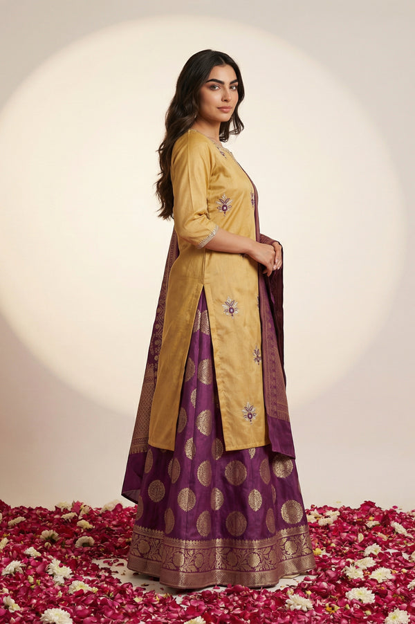 Beige Embroidered Zari Work Straight Kurta with Skirt and Dupatta Set