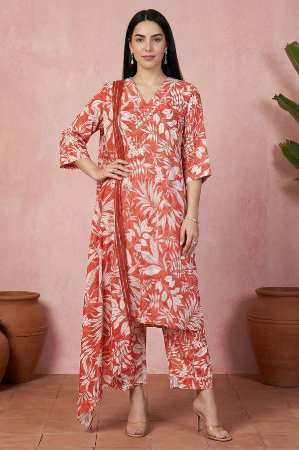 Rust Floral Printed Lace Rayon Straight Kurta with Palazzo and Dupatta Set