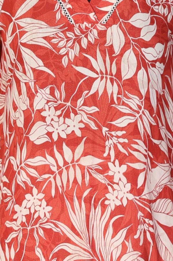 Rust Floral Printed Lace Rayon Straight Kurta with Palazzo and Dupatta Set