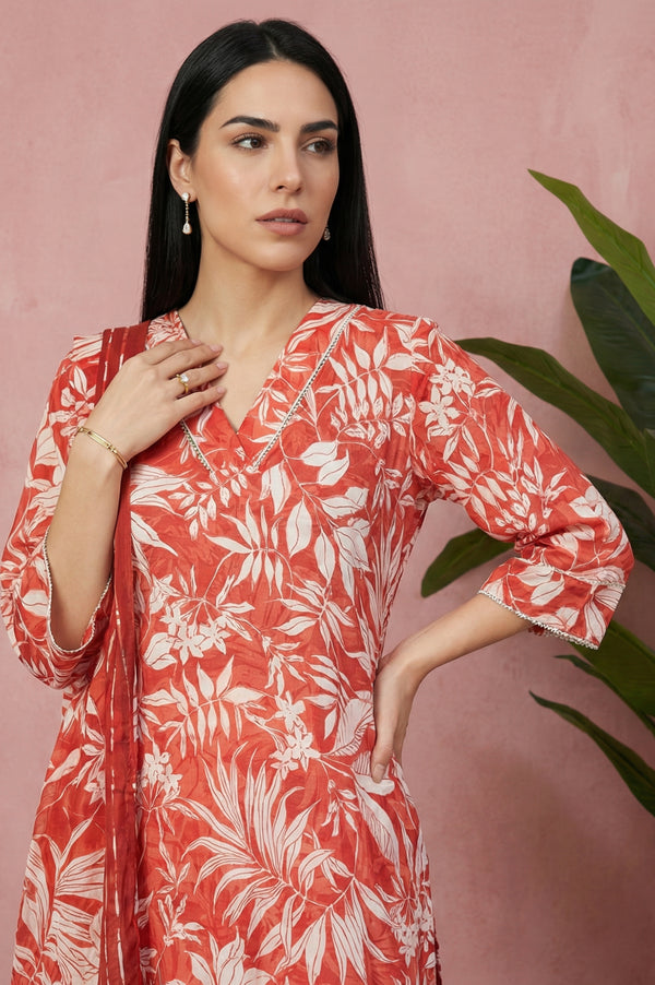 Rust Floral Printed Lace Rayon Straight Kurta with Palazzo and Dupatta Set
