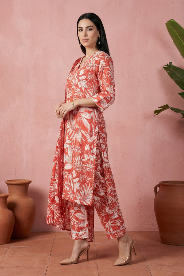 Rust Floral Printed Lace Rayon Straight Kurta with Palazzo and Dupatta Set