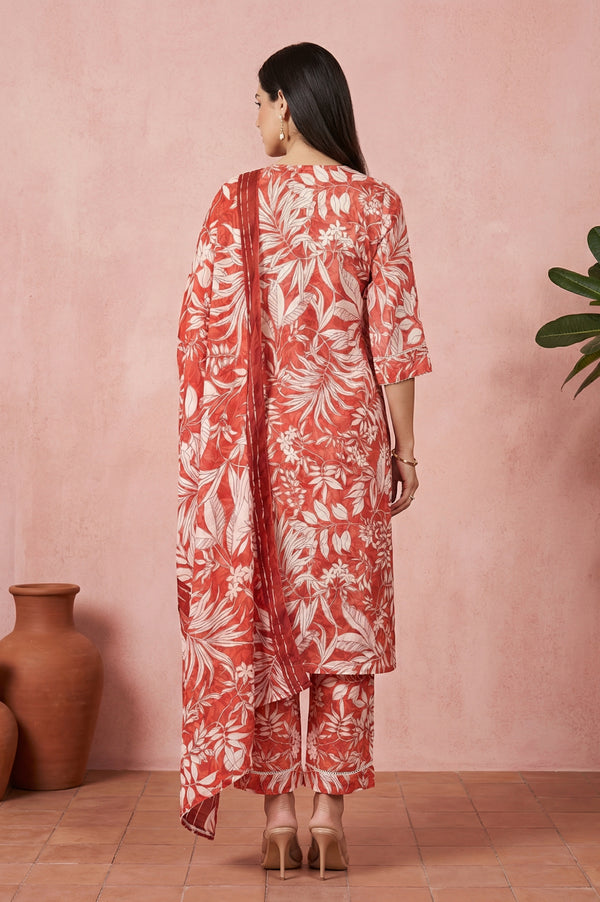 Rust Floral Printed Lace Rayon Straight Kurta with Palazzo and Dupatta Set
