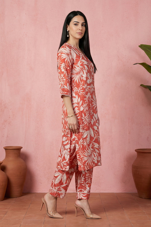Rust Floral Printed Lace Rayon Straight Kurta with Palazzo and Dupatta Set