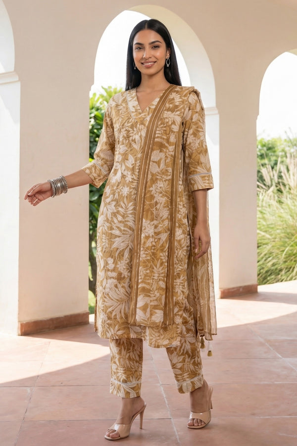 Mustard Yellow Floral Printed Rayon Straight Kurta and Palazzo Set with Dupatta
