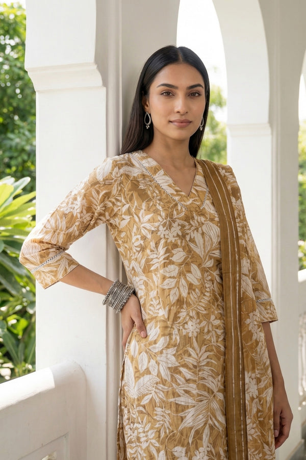 Mustard Yellow Floral Printed Rayon Straight Kurta and Palazzo Set with Dupatta