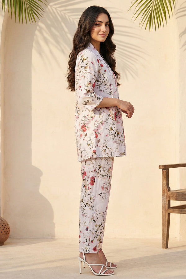 Off White Floral Printed A-line Top and Palazo Co-ord Set