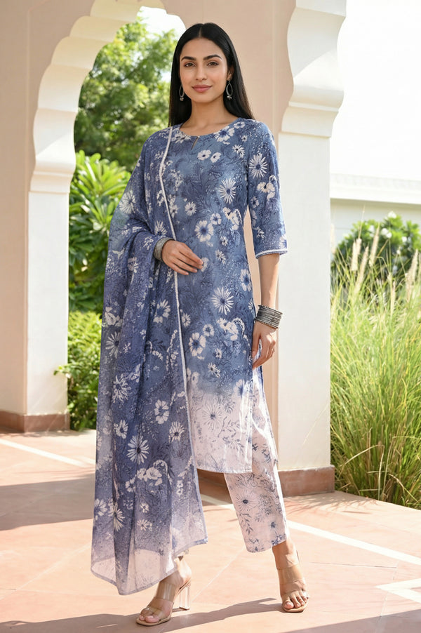 Blue Floral Printed Pure Cotton Straight Kurta with Palazzo and Dupatta Set