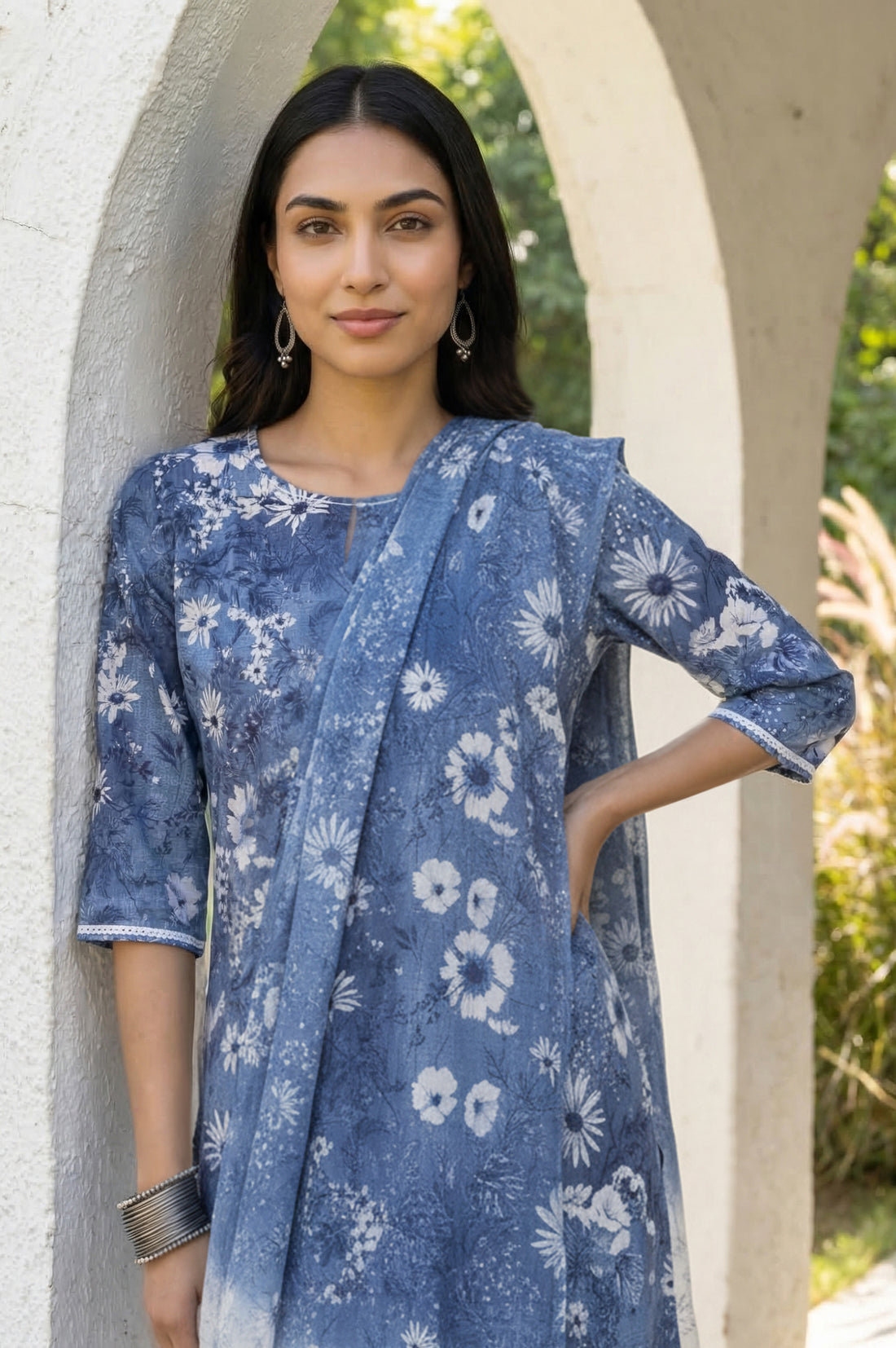 Blue Floral Printed Pure Cotton Straight Kurta with Palazzo and Dupatta Set