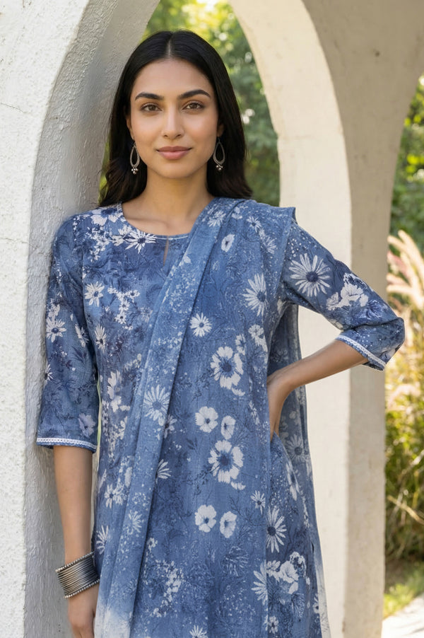 Blue Floral Printed Pure Cotton Straight Kurta with Palazzo and Dupatta Set
