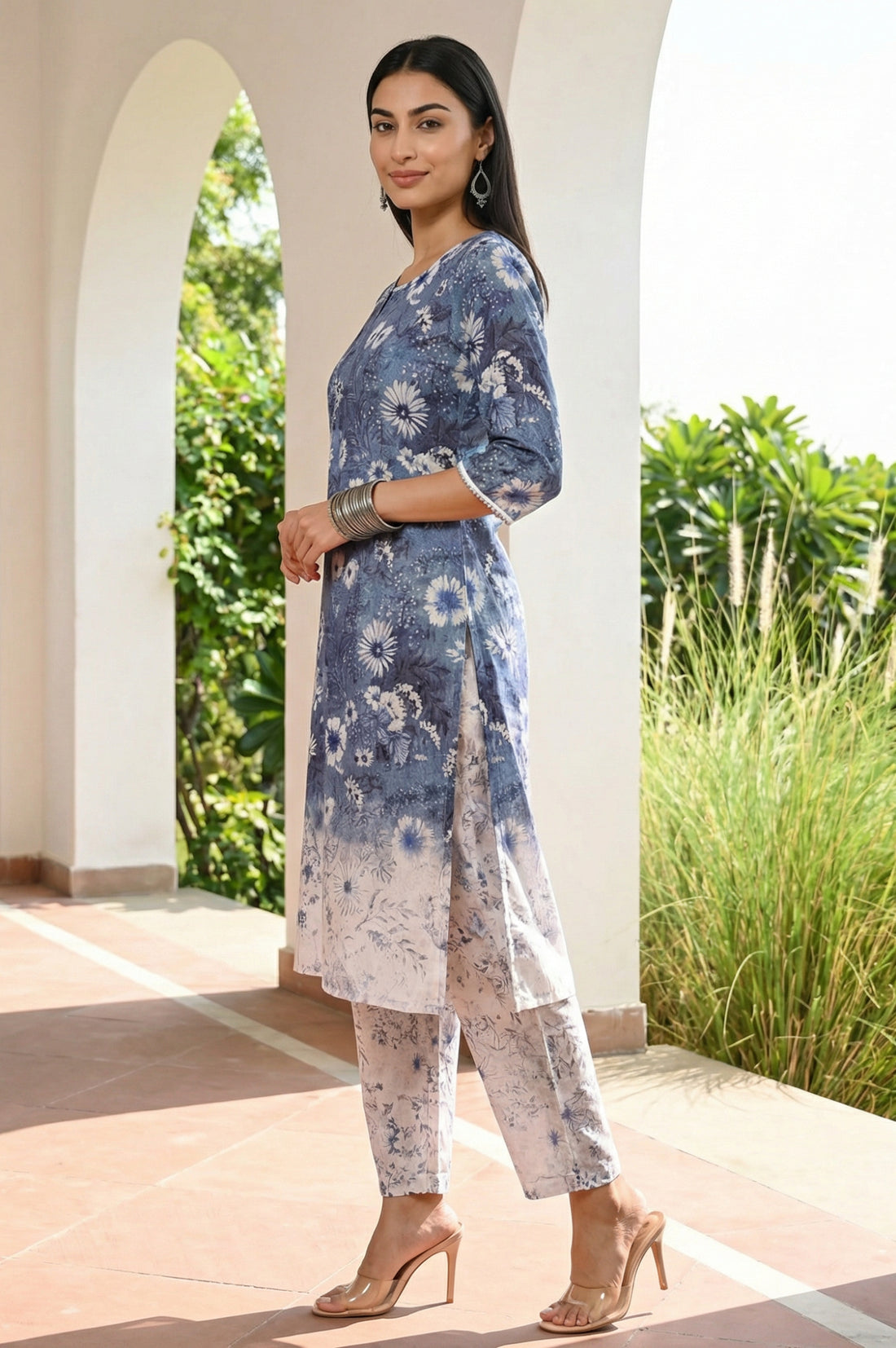 Blue Floral Printed Pure Cotton Straight Kurta with Palazzo and Dupatta Set