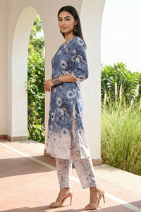 Blue Floral Printed Pure Cotton Straight Kurta with Palazzo and Dupatta Set