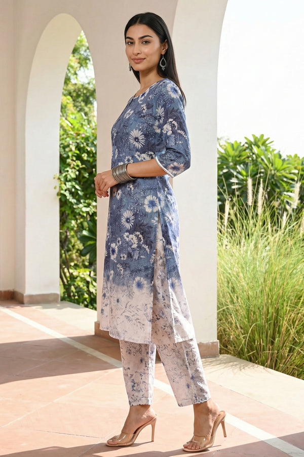 Blue Floral Printed Pure Cotton Straight Kurta with Palazzo and Dupatta Set