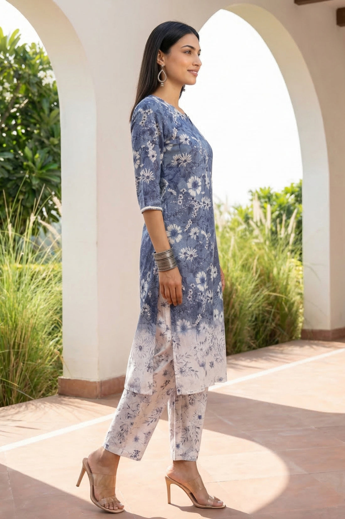 Blue Floral Printed Pure Cotton Straight Kurta with Palazzo and Dupatta Set