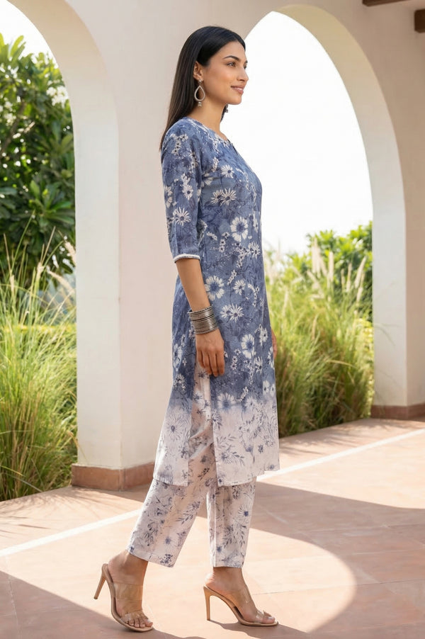 Blue Floral Printed Pure Cotton Straight Kurta with Palazzo and Dupatta Set