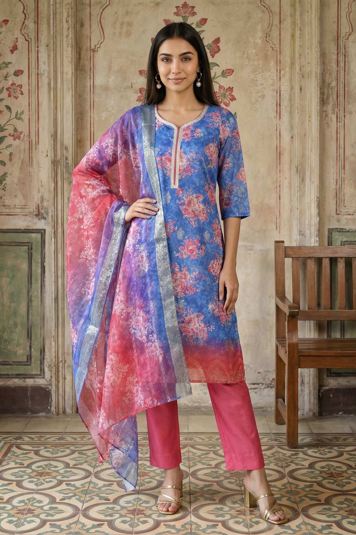 Blue Jacquard Zari Lace Straight Kurta with Trousers and Dupatta Set - XS