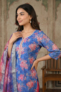 Blue Jacquard Zari Lace Straight Kurta with Trousers and Dupatta Set