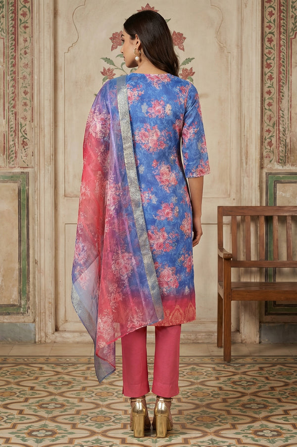 Blue Jacquard Zari Lace Straight Kurta with Trousers and Dupatta Set