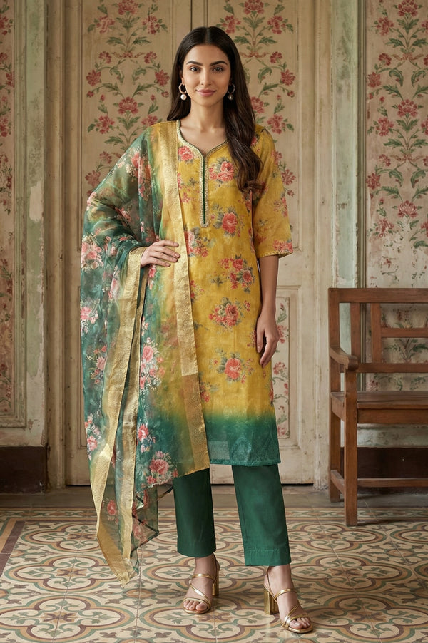 Yellow Jacquard Zari Lace Straight Kurta with Trousers and Dupatta Set