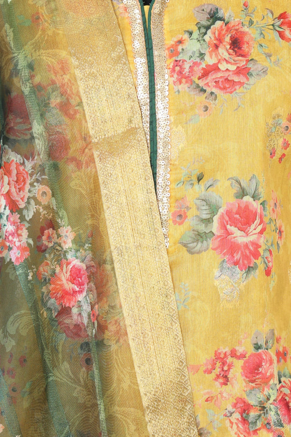 Yellow Jacquard Zari Lace Straight Kurta with Trousers and Dupatta Set