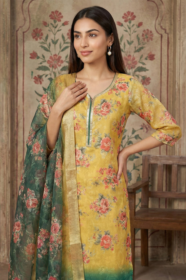 Yellow Jacquard Zari Lace Straight Kurta with Trousers and Dupatta Set