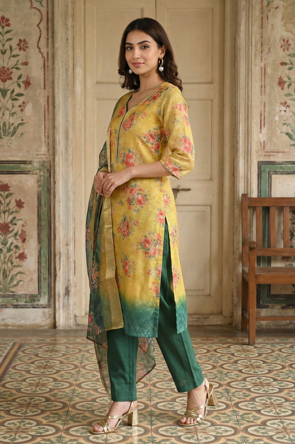 Yellow Jacquard Zari Lace Straight Kurta with Trousers and Dupatta Set