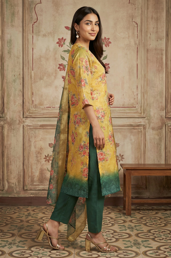 Yellow Jacquard Zari Lace Straight Kurta with Trousers and Dupatta Set