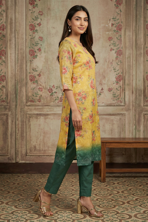 Yellow Jacquard Zari Lace Straight Kurta with Trousers and Dupatta Set