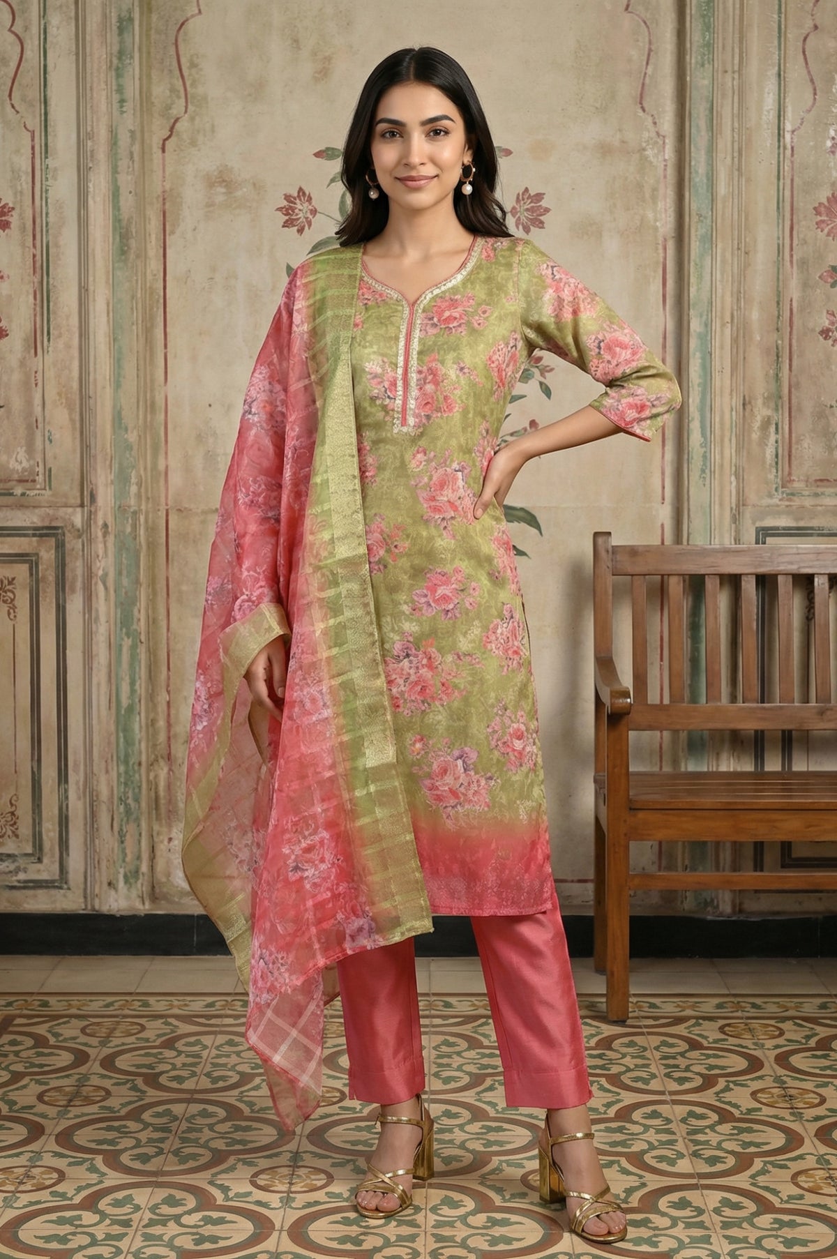 Olive Green Jacquard Zari Lace Straight Kurta with Trousers and Dupatta Set - S