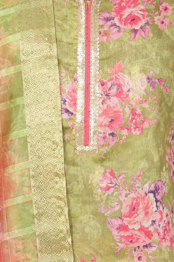 Olive Green Jacquard Zari Lace Straight Kurta with Trousers and Dupatta Set
