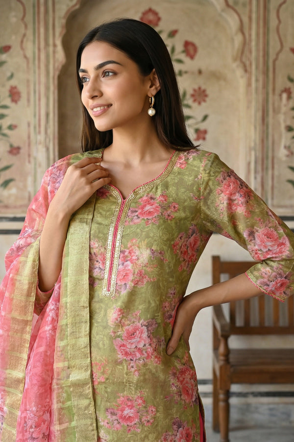 Olive Green Jacquard Zari Lace Straight Kurta with Trousers and Dupatta Set