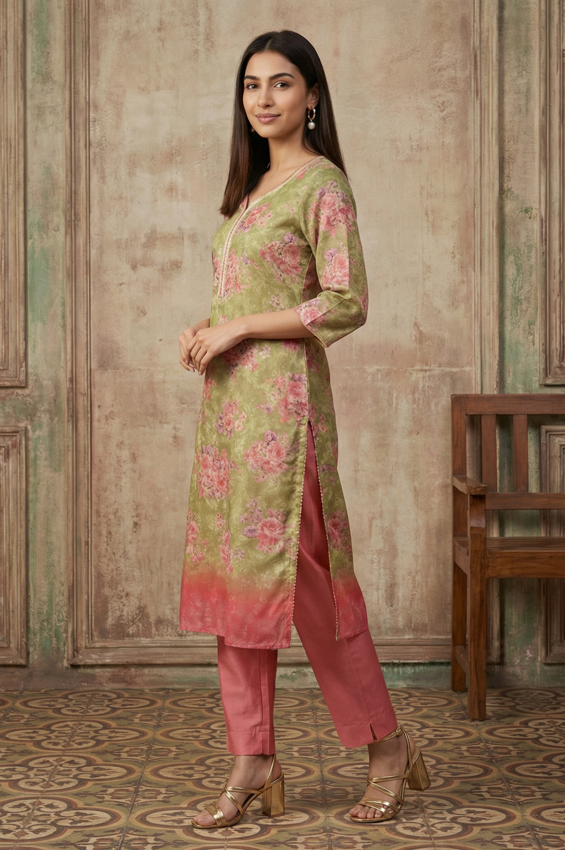 Olive Green Jacquard Zari Lace Straight Kurta with Trousers and Dupatta Set