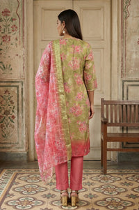 Olive Green Jacquard Zari Lace Straight Kurta with Trousers and Dupatta Set