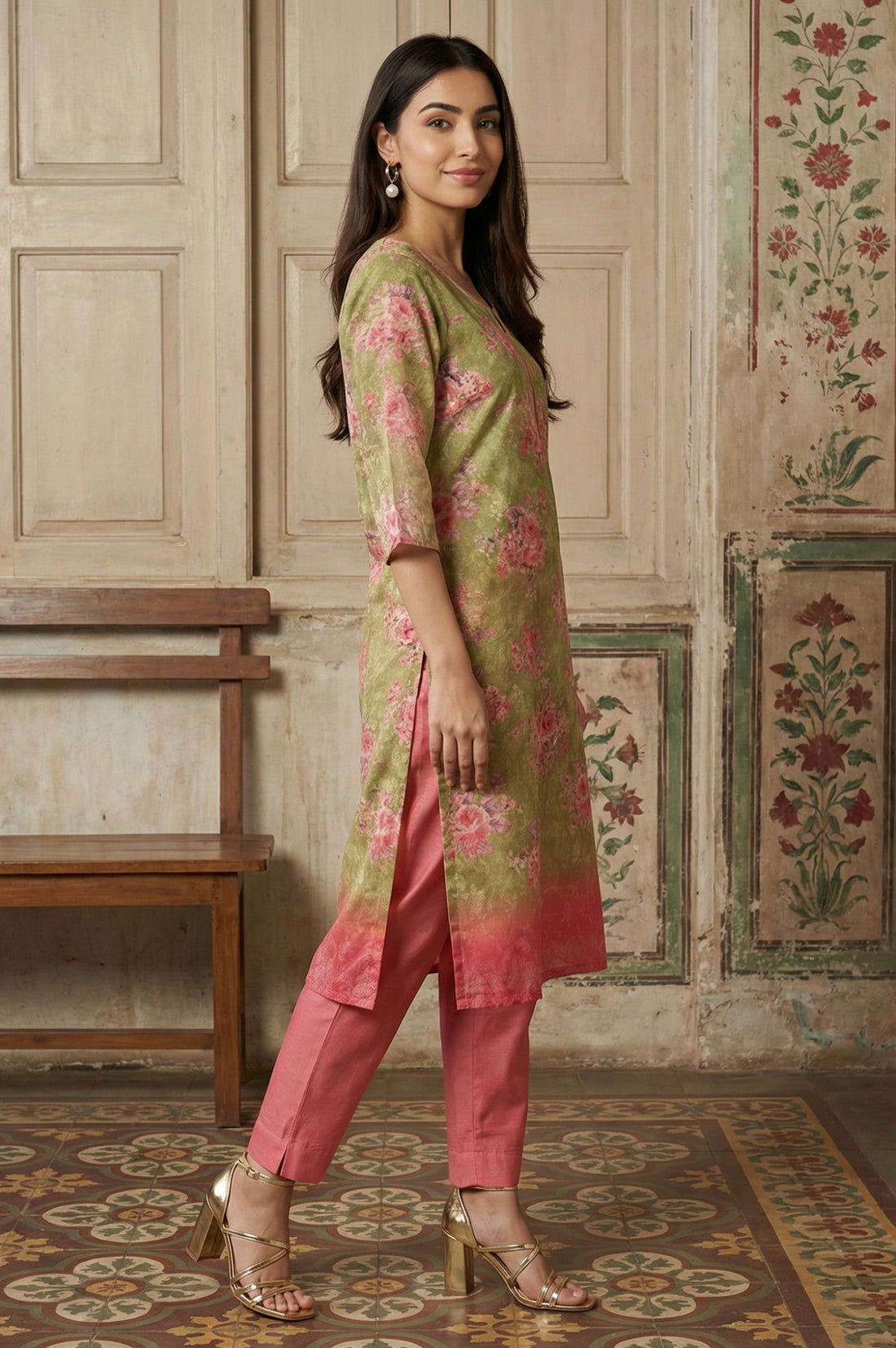 Olive Green Jacquard Zari Lace Straight Kurta with Trousers and Dupatta Set