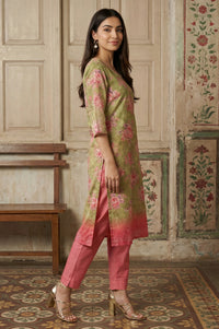 Olive Green Jacquard Zari Lace Straight Kurta with Trousers and Dupatta Set