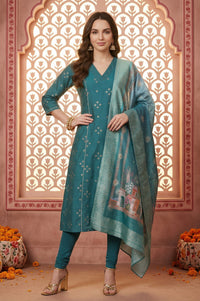 Teal Foil Printed A-Line Kurta with Leggings and Jacquard Dupatta Set
