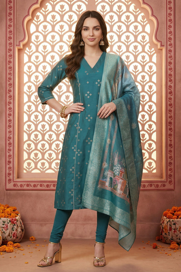 Teal Foil Printed A-Line Kurta with Leggings and Jacquard Dupatta Set