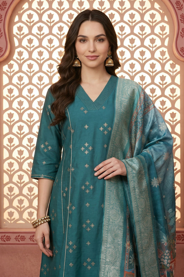 Teal Foil Printed A-Line Kurta with Leggings and Jacquard Dupatta Set