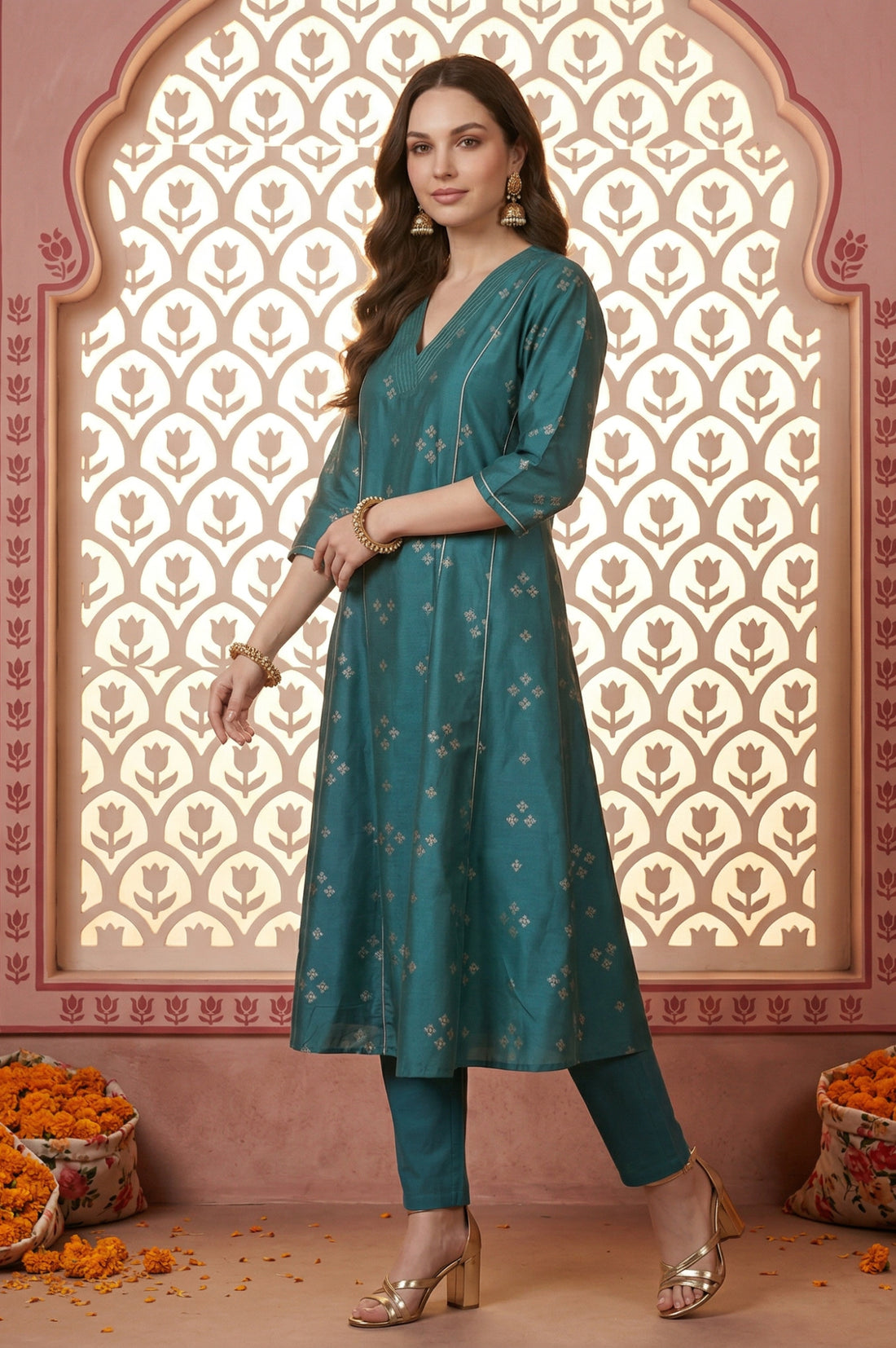 Teal Foil Printed A-Line Kurta with Leggings and Jacquard Dupatta Set