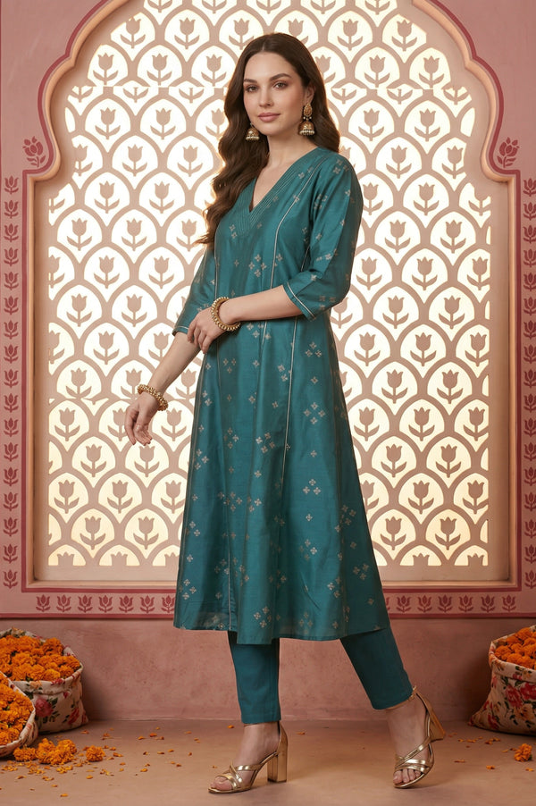 Teal Foil Printed A-Line Kurta with Leggings and Jacquard Dupatta Set