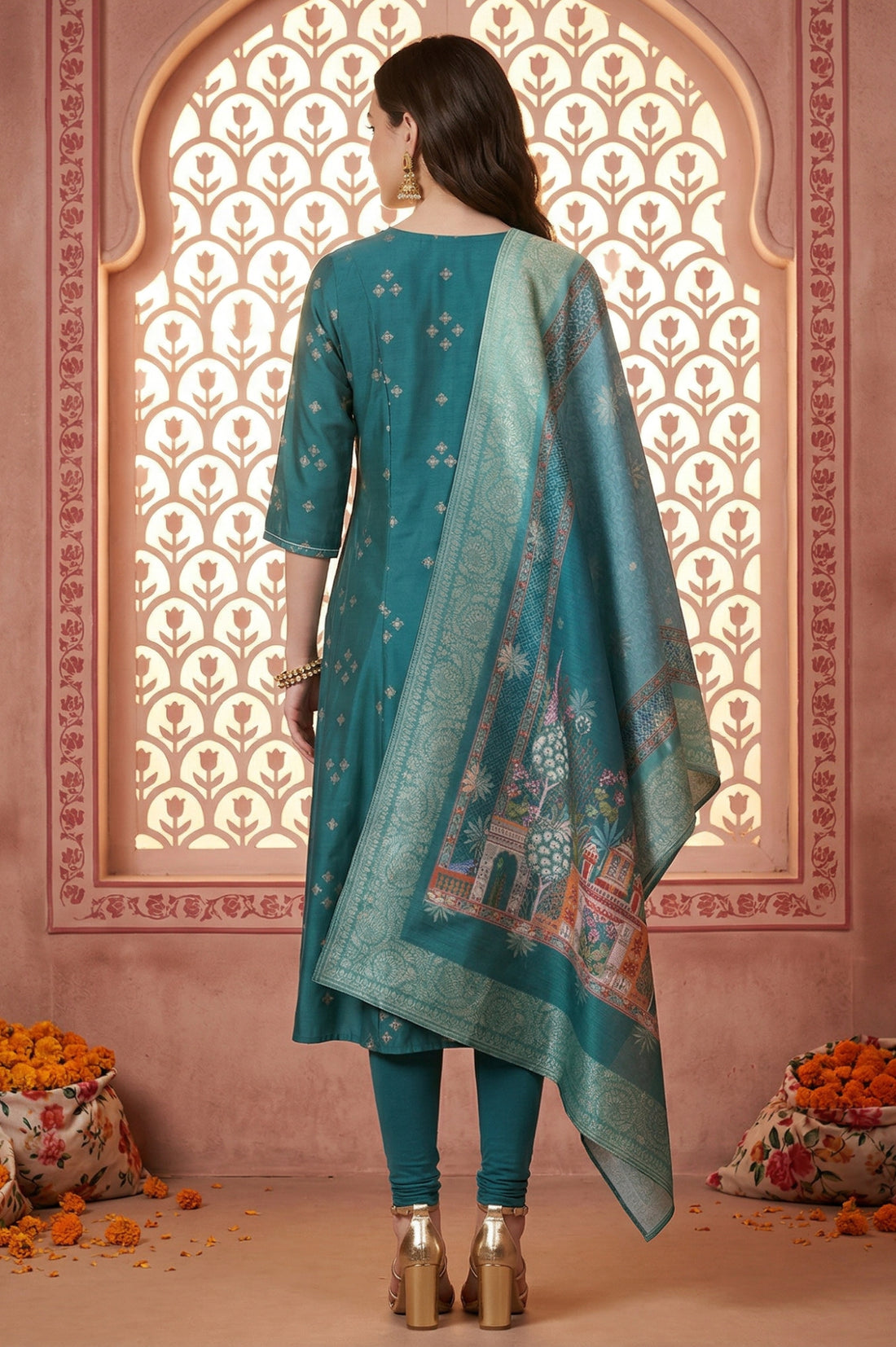 Teal Foil Printed A-Line Kurta with Leggings and Jacquard Dupatta Set