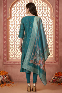 Teal Foil Printed A-Line Kurta with Leggings and Jacquard Dupatta Set