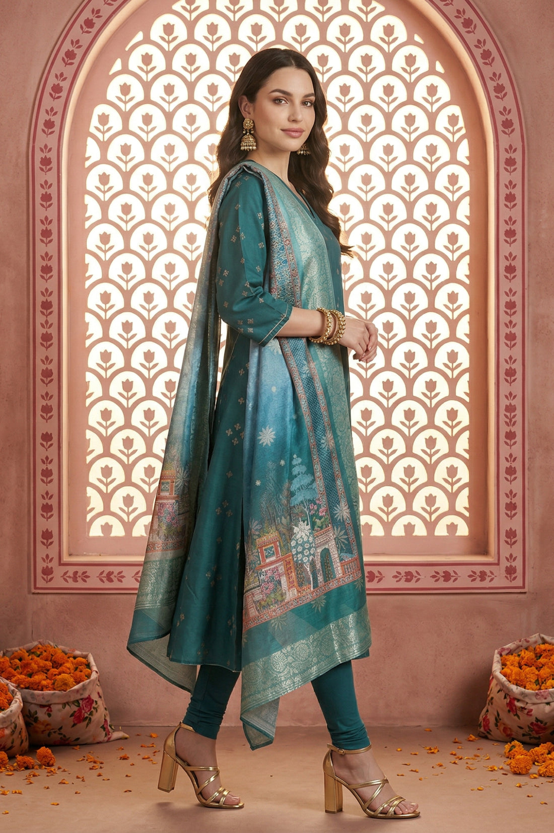 Teal Foil Printed A-Line Kurta with Leggings and Jacquard Dupatta Set