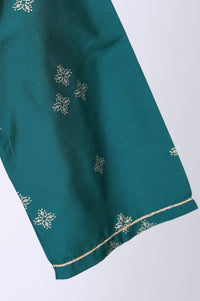 Teal Foil Printed A-Line Kurta with Leggings and Jacquard Dupatta Set
