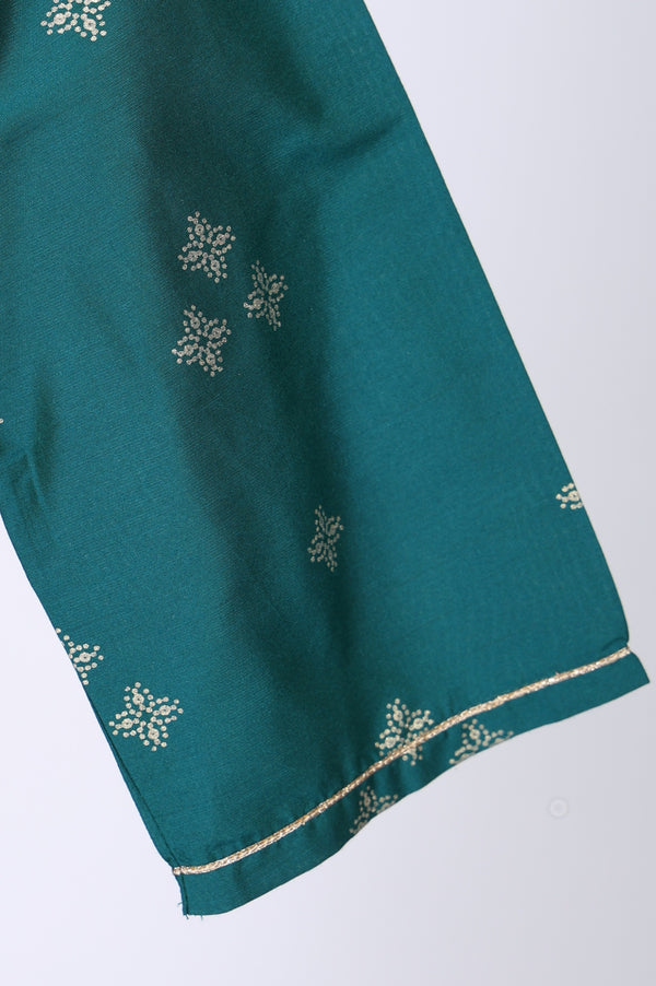 Teal Foil Printed A-Line Kurta with Leggings and Jacquard Dupatta Set