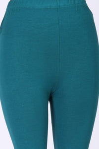 Teal Foil Printed A-Line Kurta with Leggings and Jacquard Dupatta Set