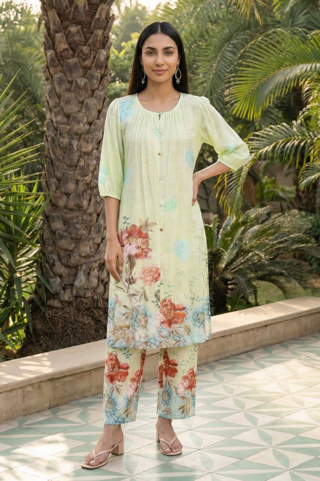 Green Floral Printed Rayon Straight Kurta with Palazzo Co-ord Set
