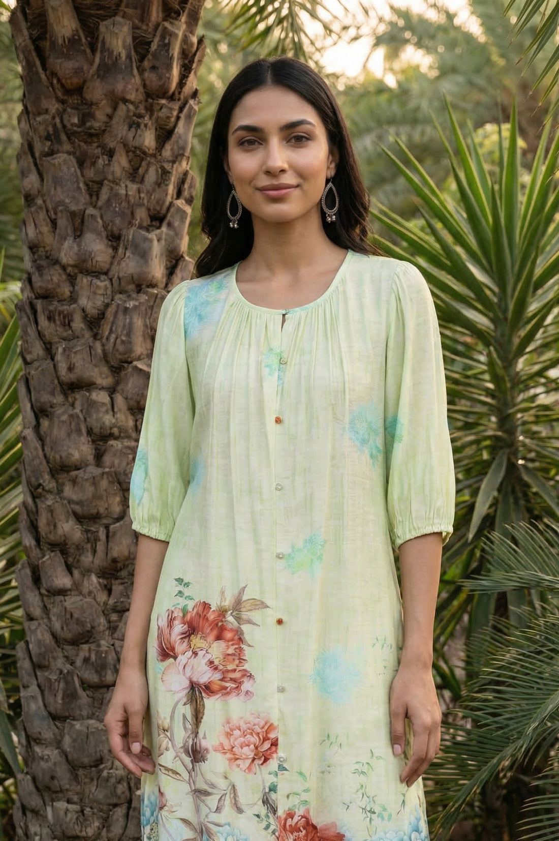 Green Floral Printed Rayon Straight Kurta with Palazzo Co-ord Set