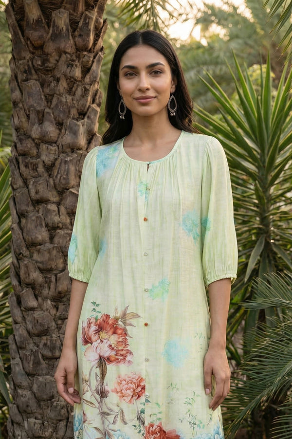 Green Floral Printed Rayon Straight Kurta with Palazzo Co-ord Set